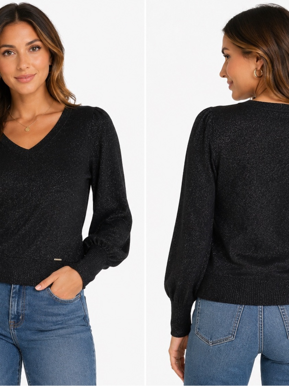 Michael Kors Women’s Black Metallic Shimmer V-Neck Knit Sweater Medium M
